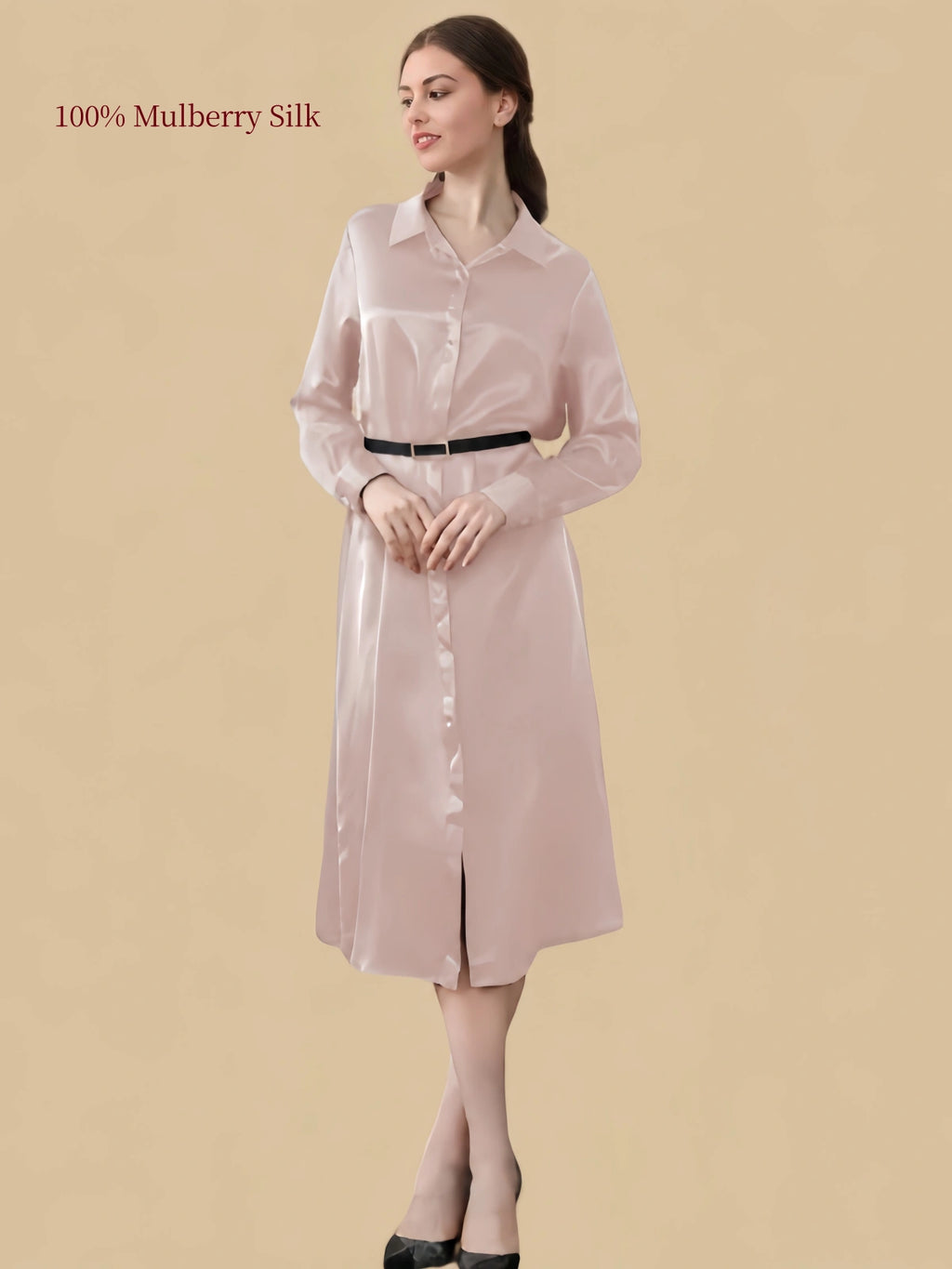 Silkgala 19 momme Dusty Pink mulberry silk shirt dress front view with classic collar and waist belt