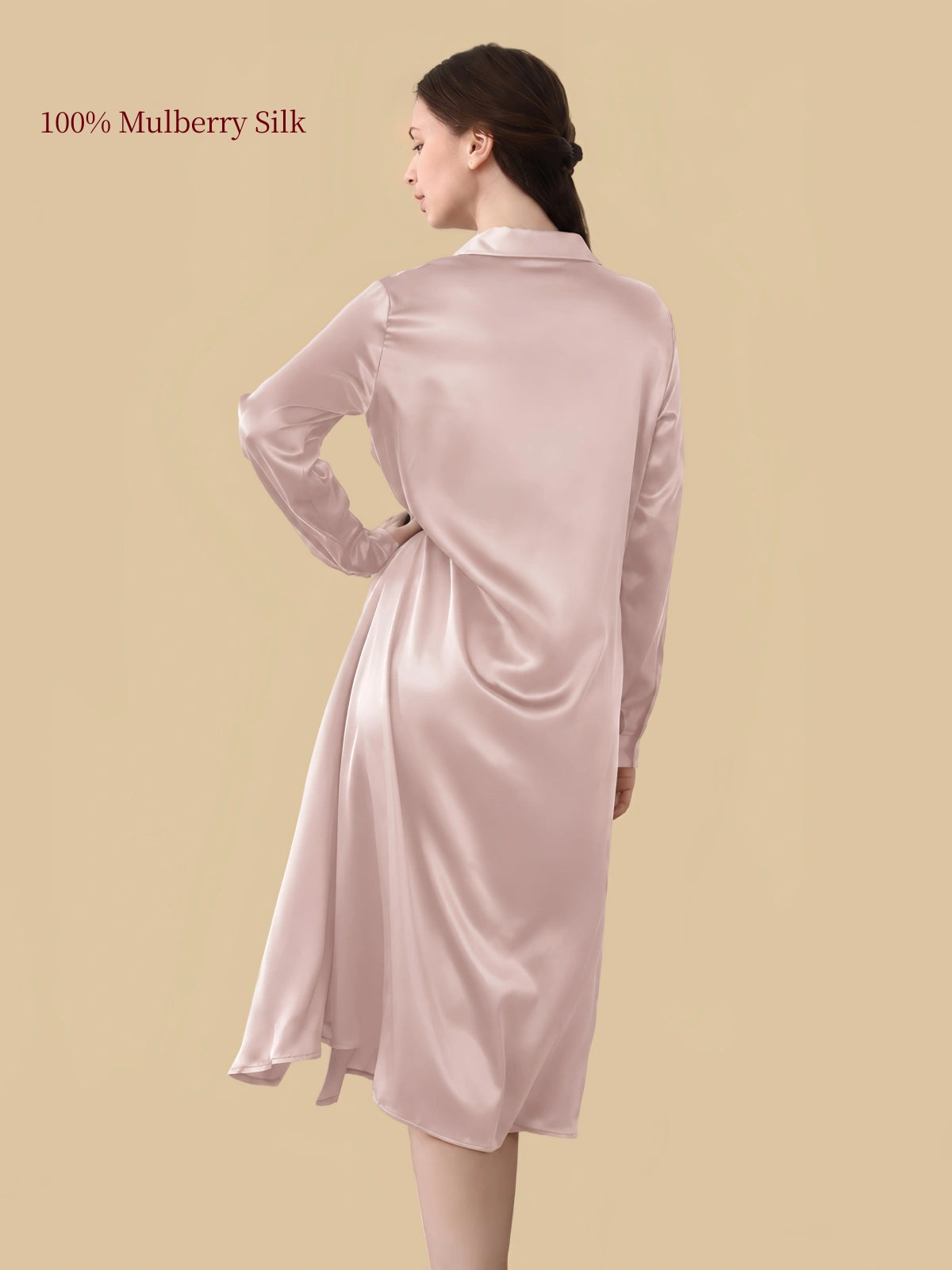 Silkgala 19 momme Dusty Pink mulberry silk shirt dress back view with long sleeves