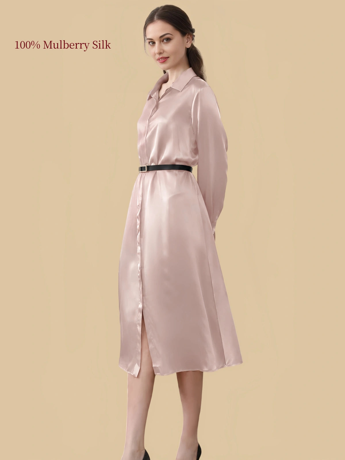Silkgala 19 momme Dusty Pink silk shirt dress side view with button front and belted waist