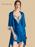 Silkgala Electric Blue mulberry silk cami dress and matching open-front robe with ivory Venise lace neckline and three-quarter lace cuffs.