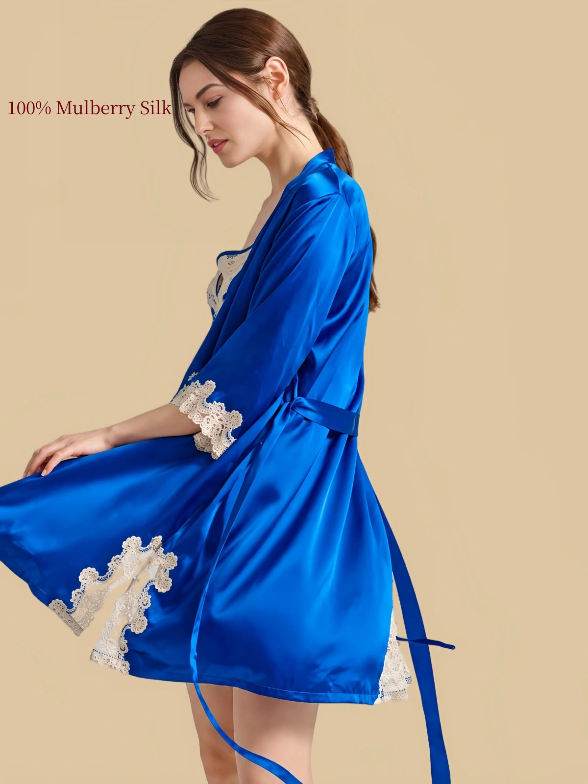 Side view of Electric Blue silk robe showing matching waist tie, ivory lace sleeve cuff and lace-trimmed side slit.