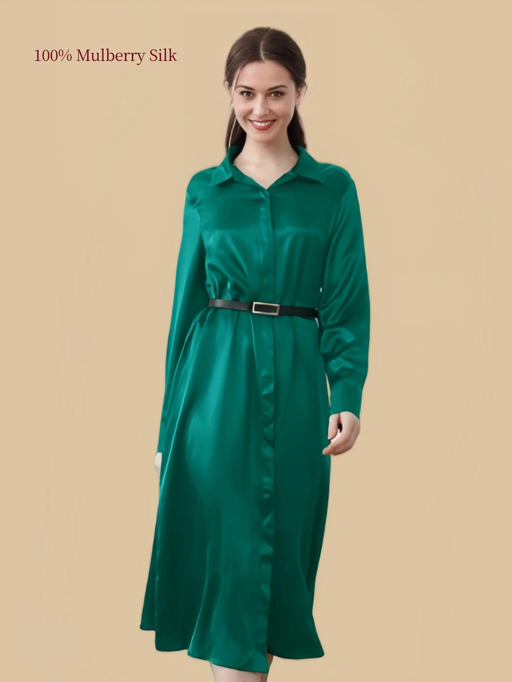 Silkgala 19 momme Green mulberry silk shirt dress front view with classic collar and black waist belt