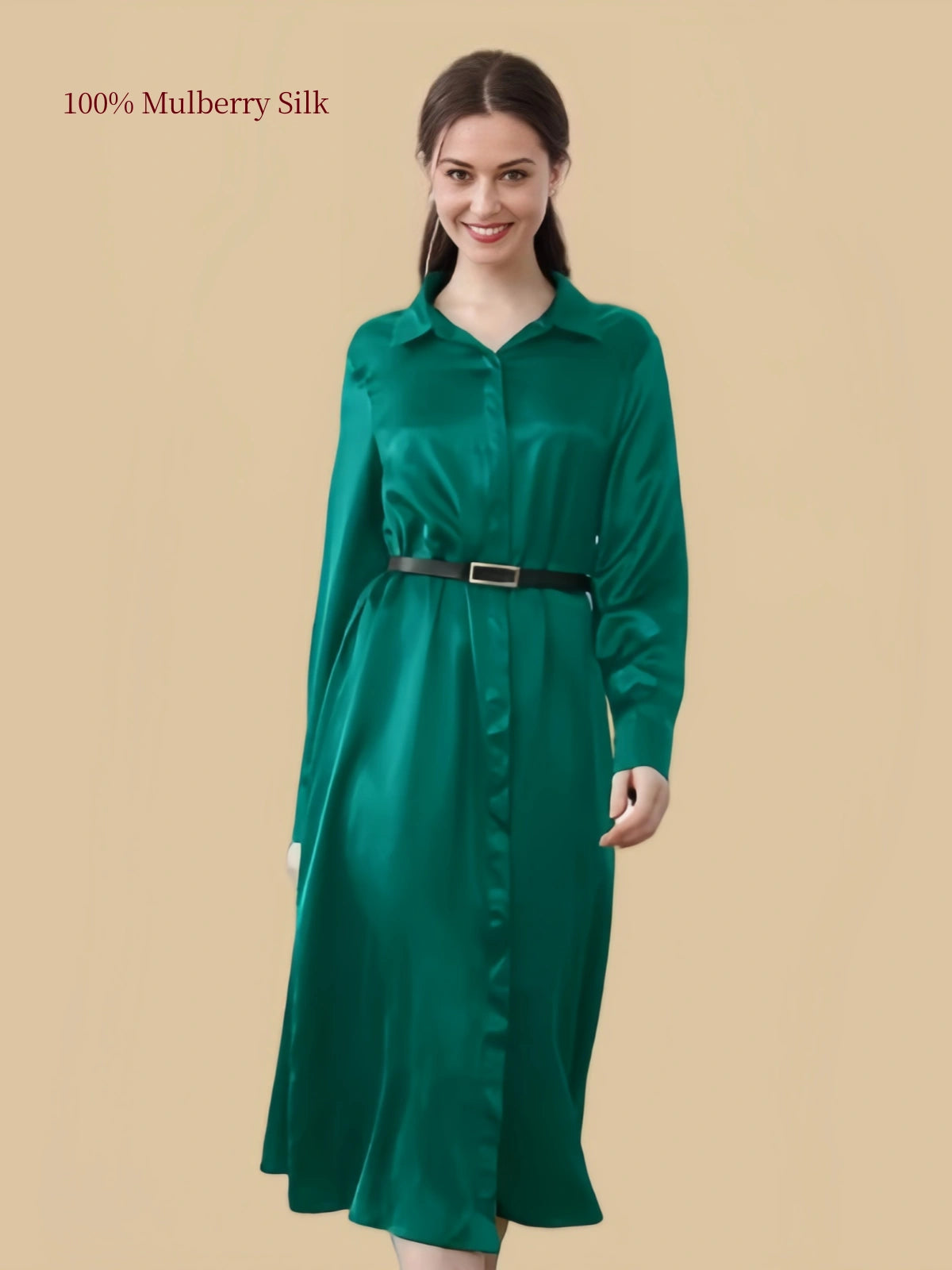 Silkgala 19 momme Green mulberry silk shirt dress front view with classic collar and black waist belt