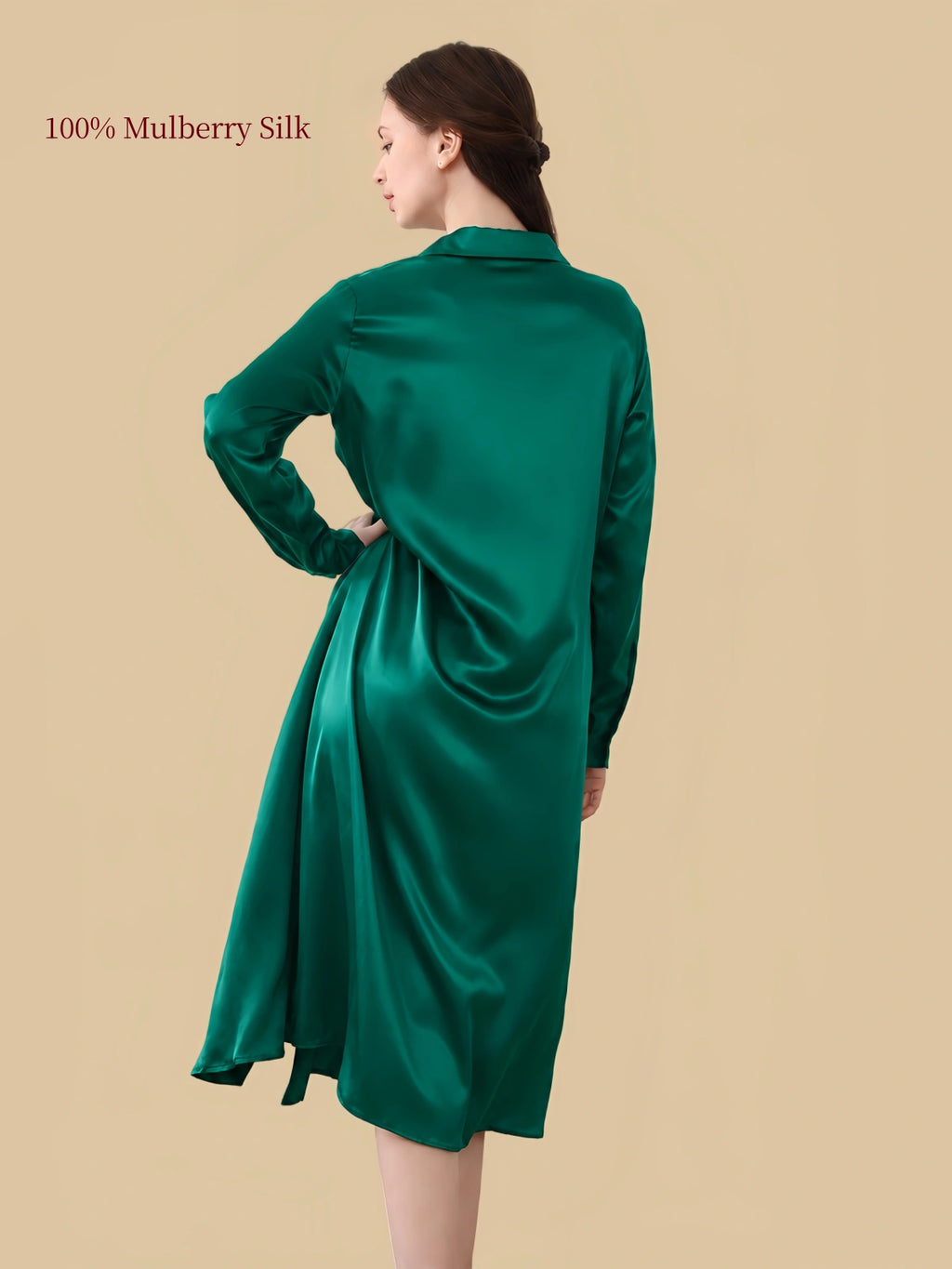Silkgala 19 momme Green mulberry silk shirt dress back view with long sleeves and flowing silhouette