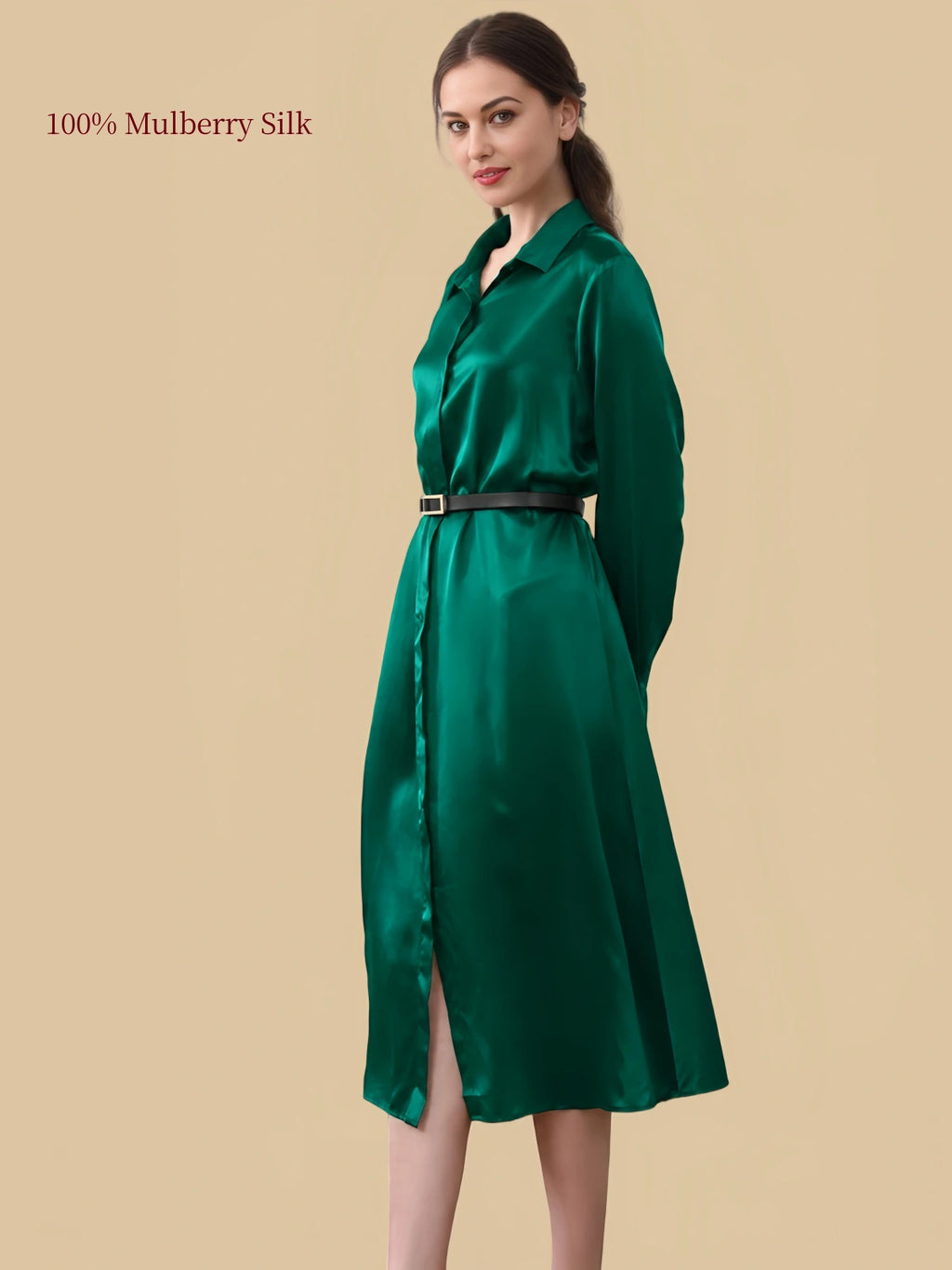 Silkgala 19 momme Green silk shirt dress side view with belted waist and front opening