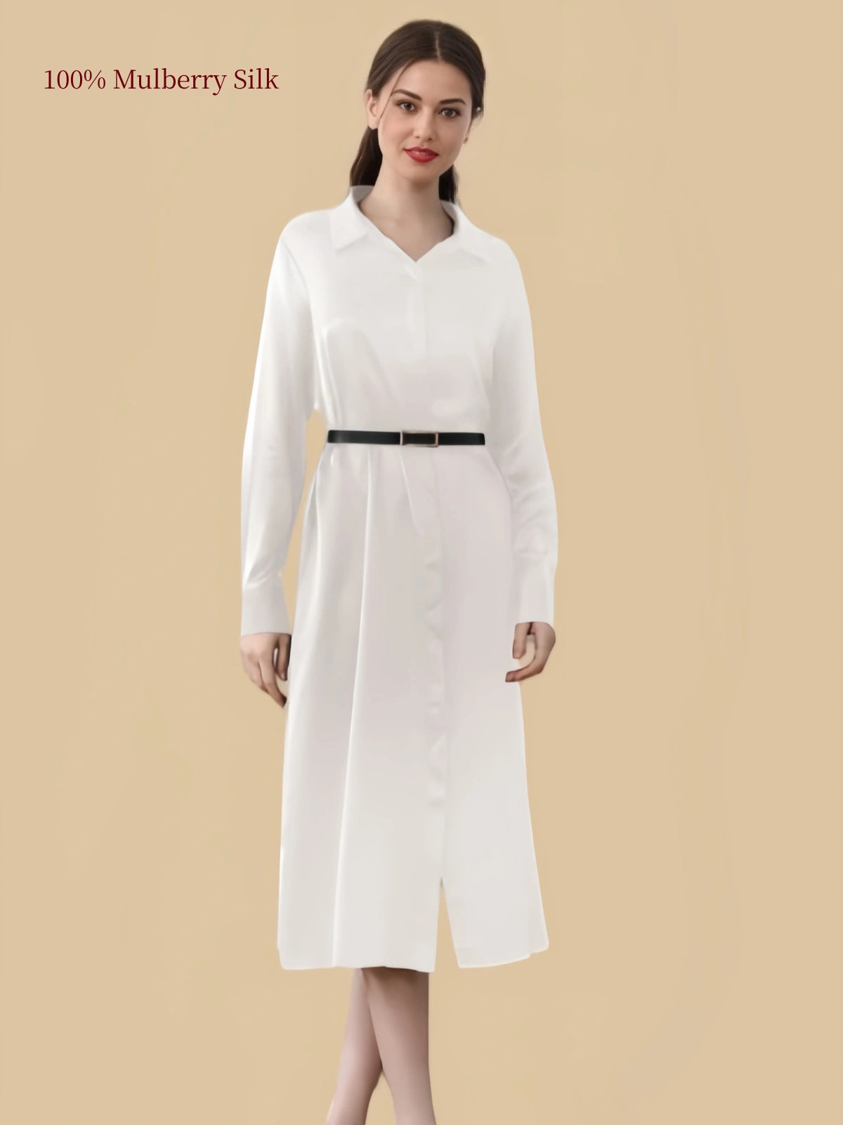 Silkgala 19 momme Ivory White mulberry silk shirt dress front view with black waist belt