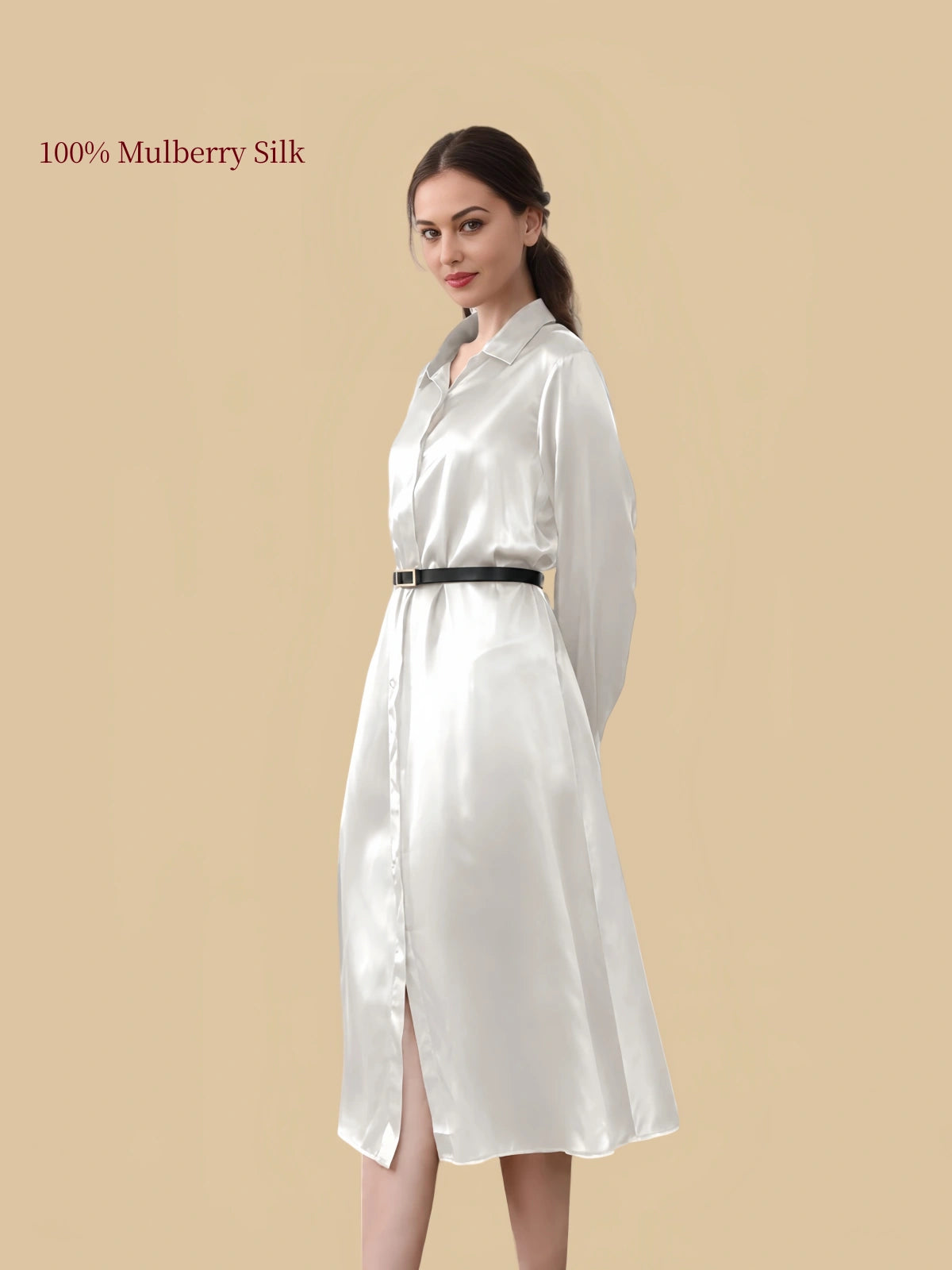 Silkgala 19 momme Ivory White mulberry silk shirt dress angled view with belt and flowing skirt
