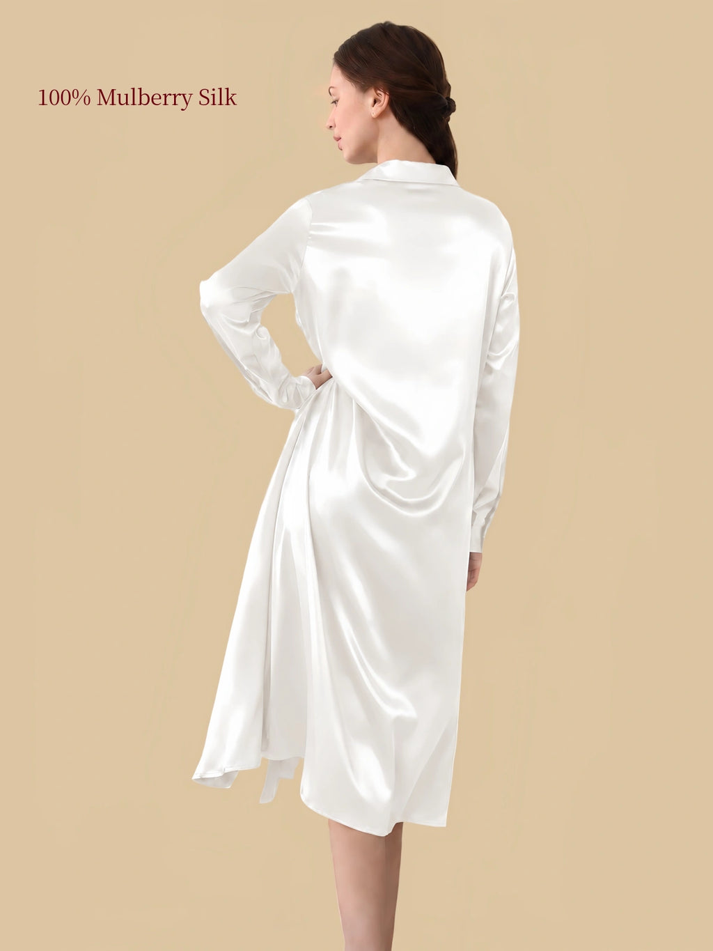 Silkgala 19 momme Ivory White mulberry silk shirt dress back view with long sleeves