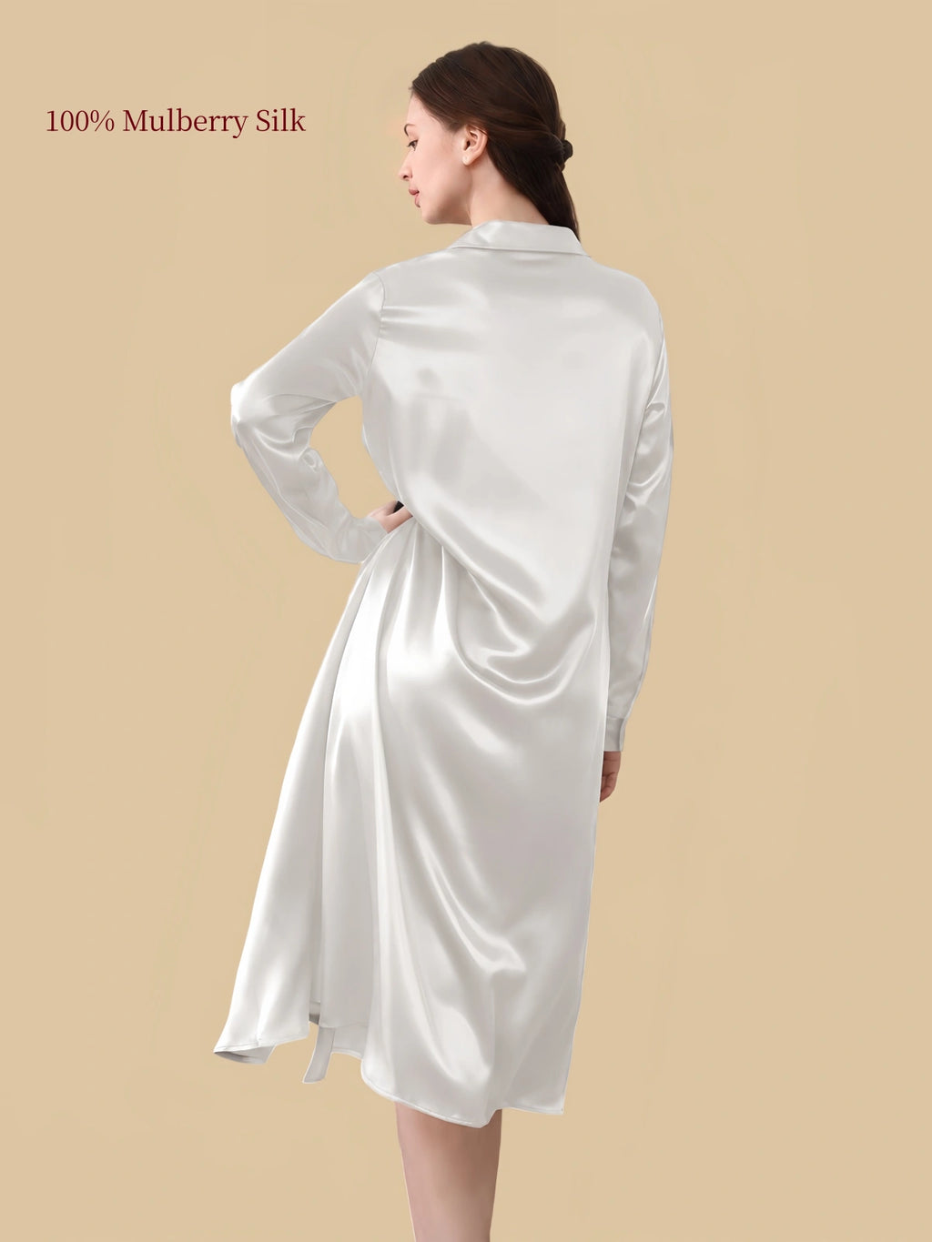 Silkgala 19 momme Ivory White mulberry silk shirt dress full back view with classic shirt collar