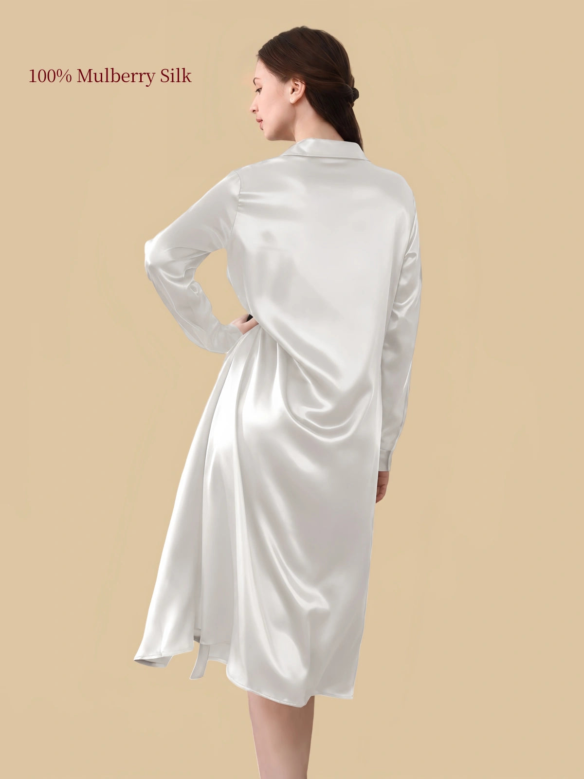 Silkgala 19 momme Ivory White mulberry silk shirt dress full back view with classic shirt collar