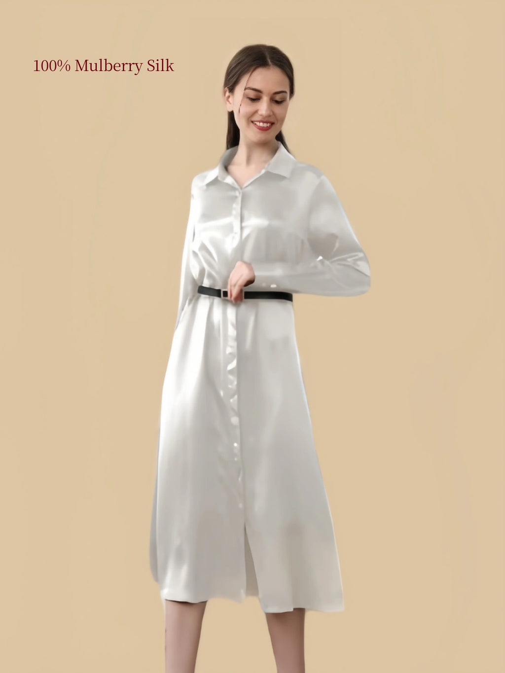 Silkgala 19 momme Ivory White silk shirt dress full front view with button front and defined waist