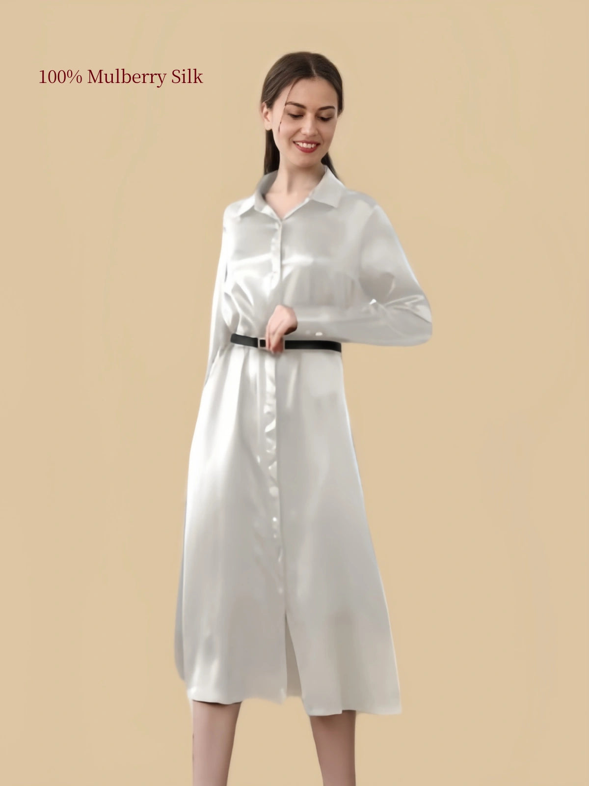 Silkgala 19 momme Ivory White silk shirt dress full front view with button front and defined waist