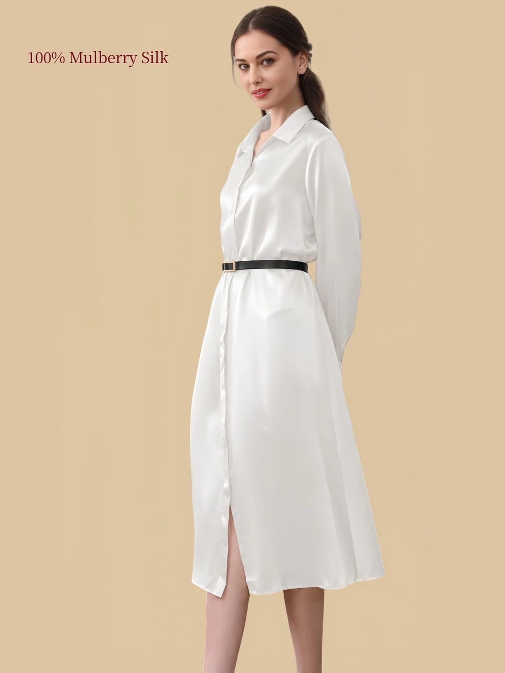 Silkgala 19 momme Ivory White silk shirt dress side view with classic collar and waist belt