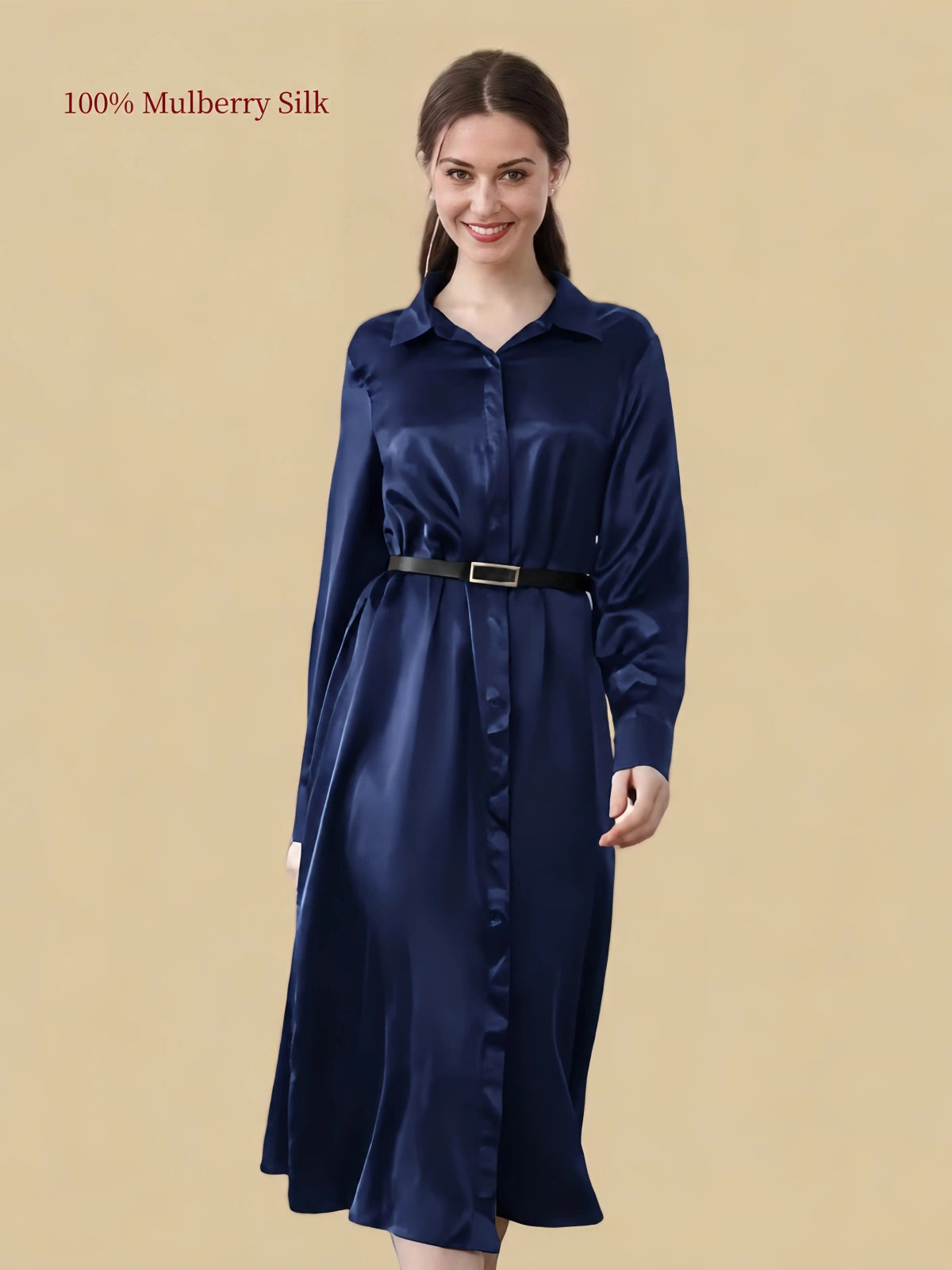 Silkgala 19 momme Navy Blue mulberry silk shirt dress front view with belted waist and button front