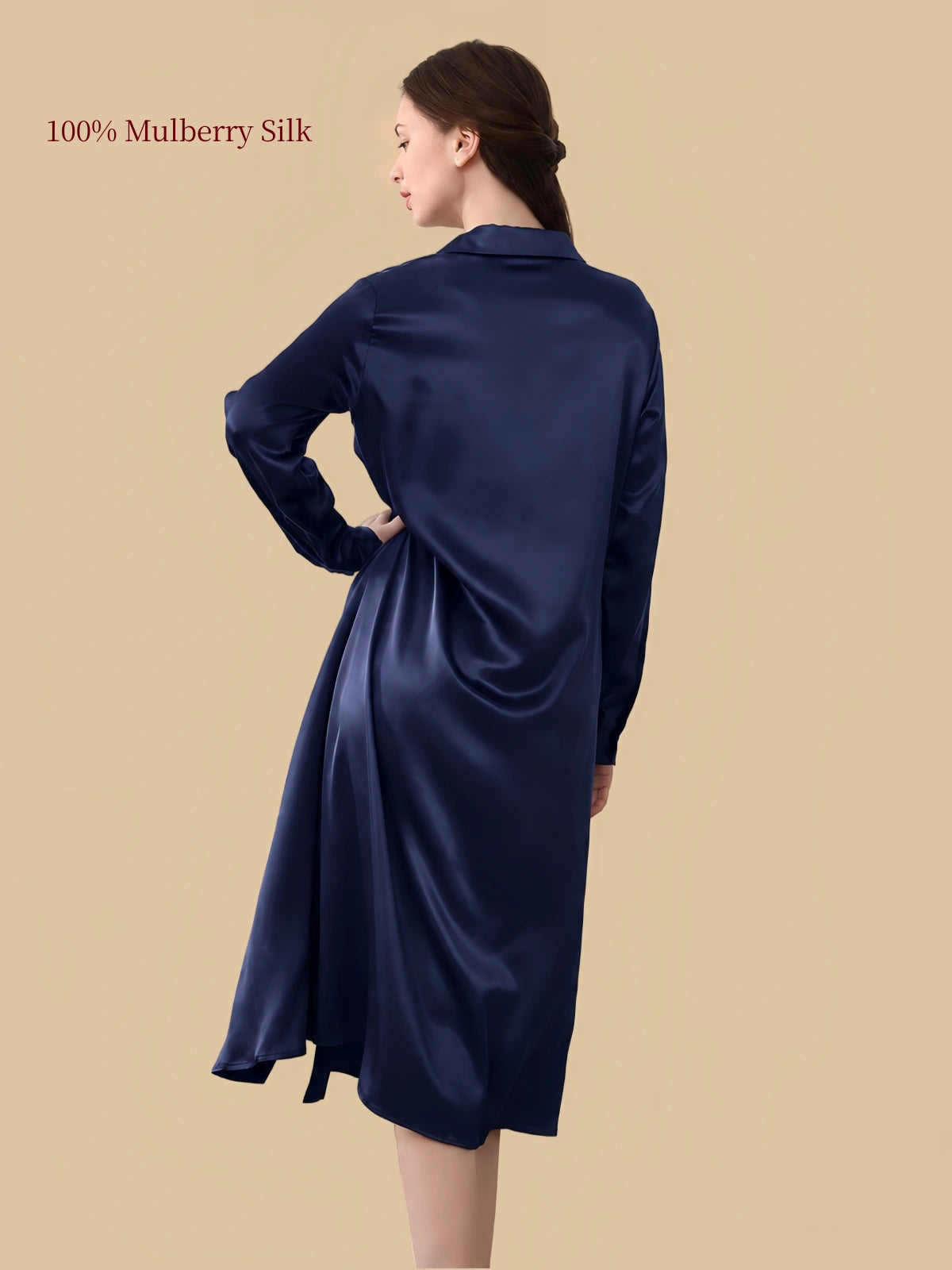 Silkgala 19 momme Navy Blue mulberry silk shirt dress back view with classic collar