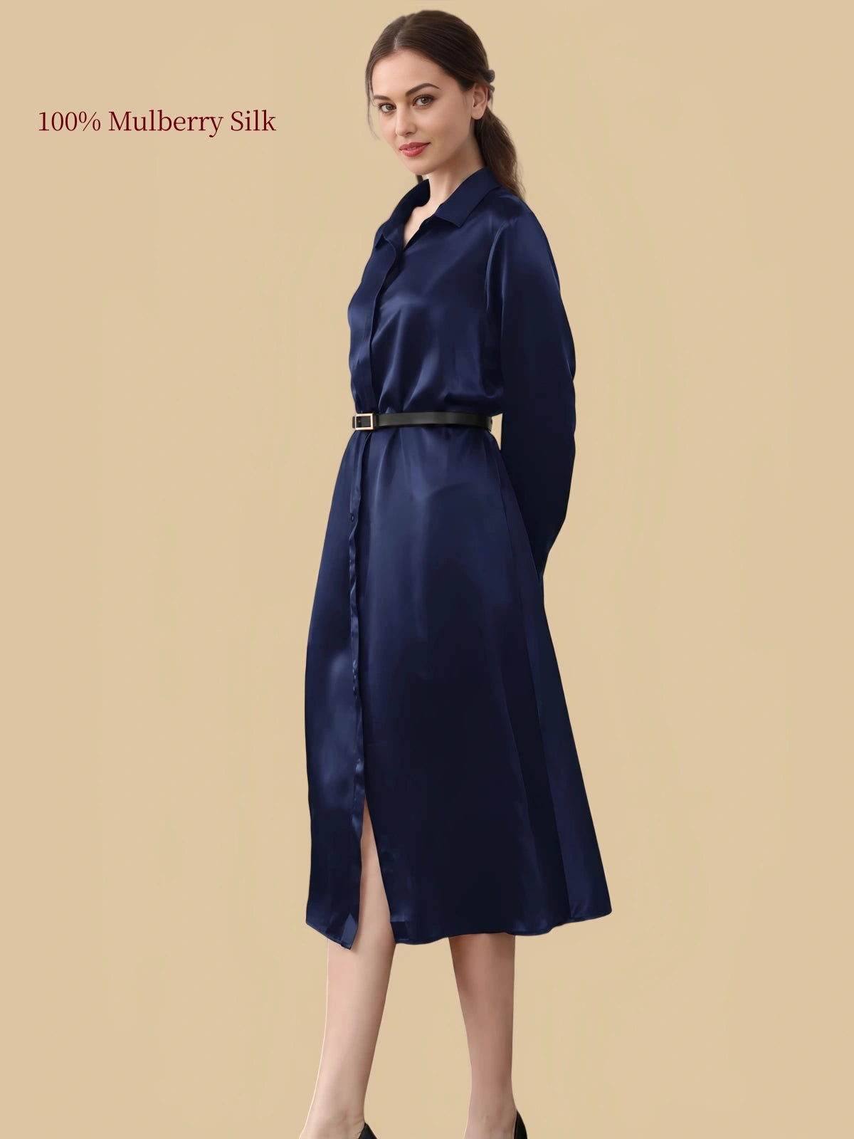 Silkgala 19 momme Navy Blue silk shirt dress side view with waist belt and long sleeves
