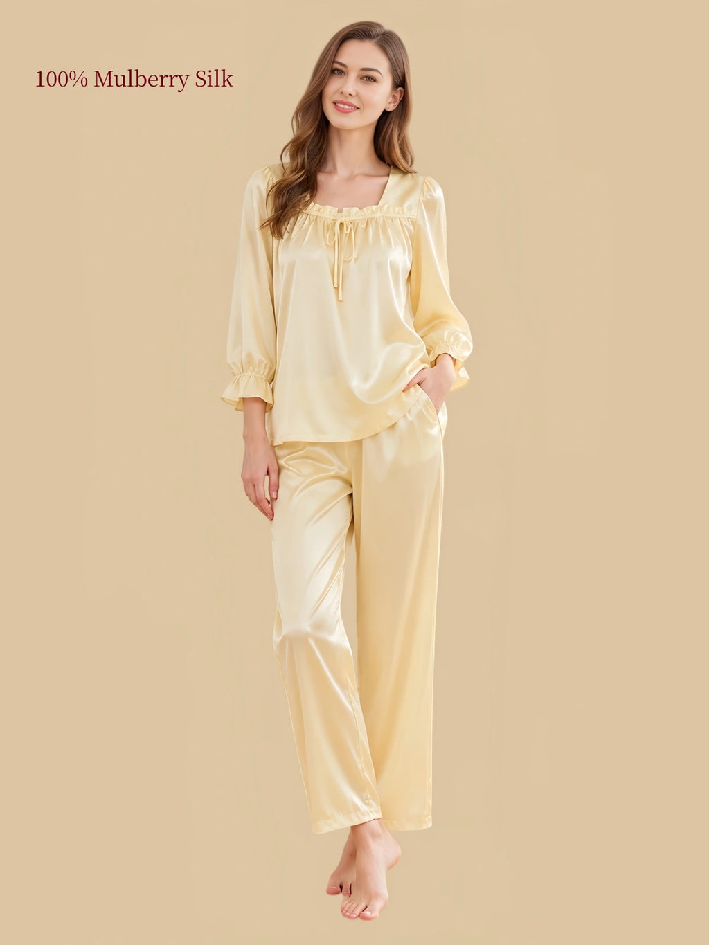 Silkgala Pale Champagne Yellow 19 Momme silk pajama set with a square-neck pullover, gathered ruffle cuffs and matching straight-leg pants.