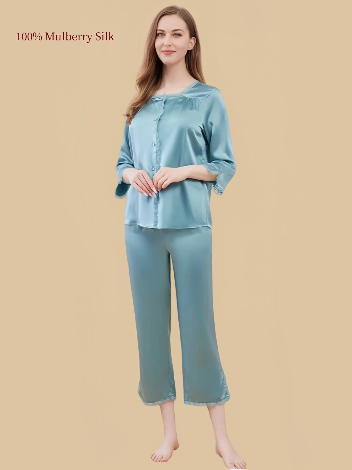 Silkgala Peacock Green 19 Momme mulberry silk loungewear with a lace-trim square neckline, button-front top, three-quarter sleeves and calf-length pants.