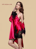 Silkgala Rose Pink 19 Momme silk cami and robe set with black floral lace detailing and flowing silk fabric.
