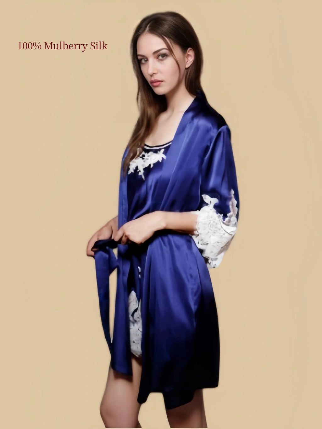 Royal Blue mulberry silk cami and robe set featuring contrasting white floral lace at the neckline, sleeves and hem.