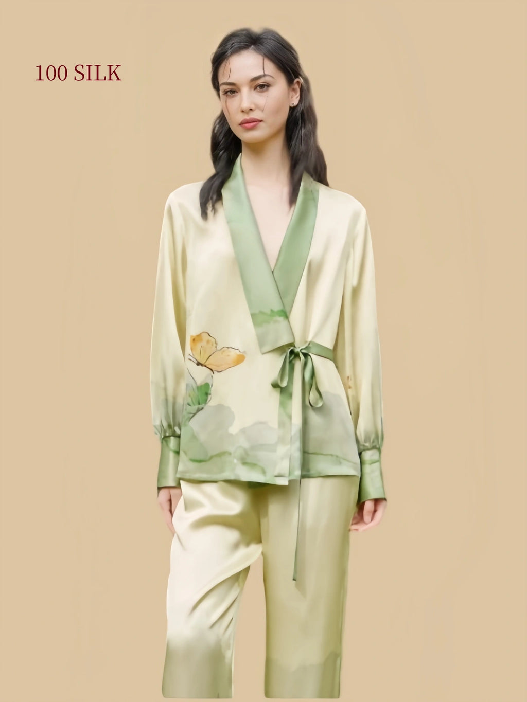 Silkgala Sage Champagne long silk pajamas front view