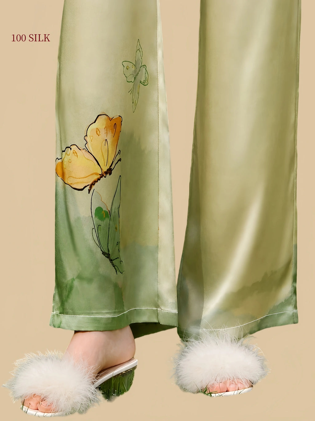 Silkgala butterfly print wide-leg silk pants hem detail
