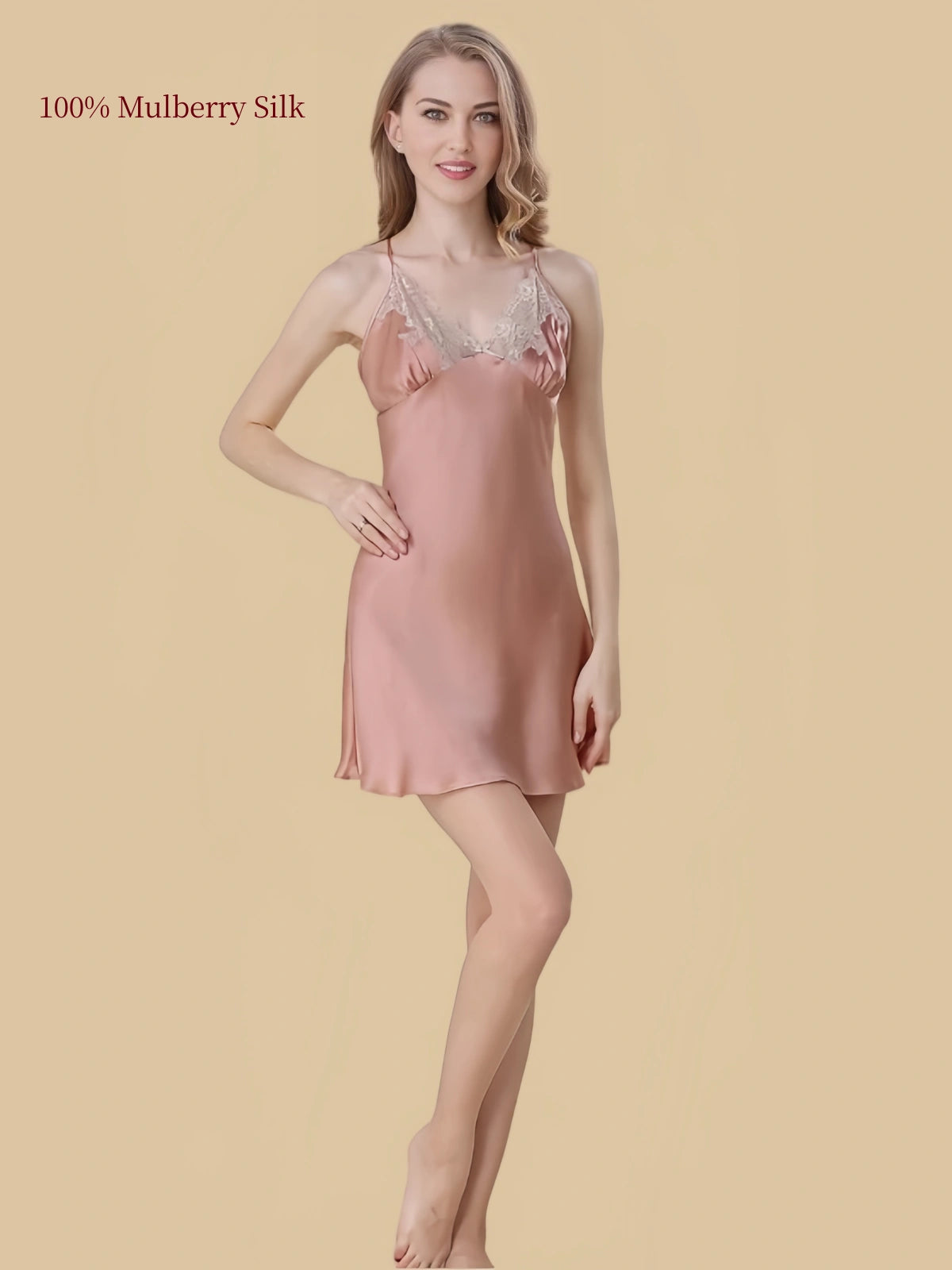 Skin-tone 19 Momme silk cami nightdress featuring a floral lace V-neckline, slender straps and a softly flowing hem.