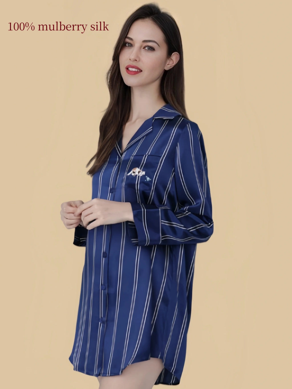 Silkgala blue and white striped silk nightshirt three-quarter view