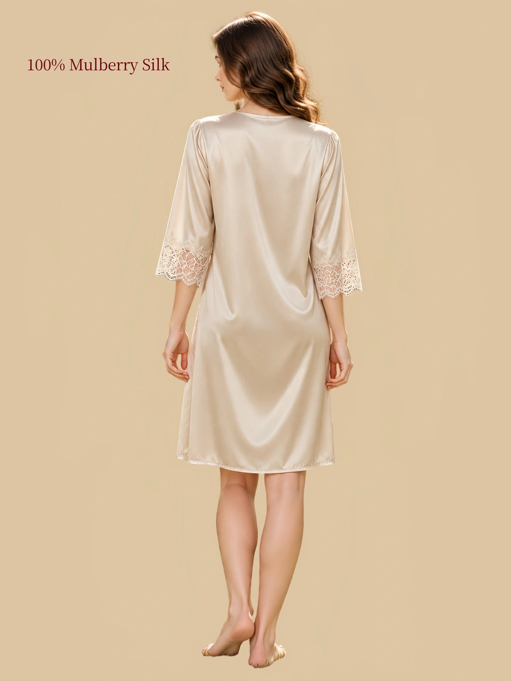 Silkgala 19 momme Tea Gold mulberry silk dress back view with relaxed A-line silhouette and lace cuffs