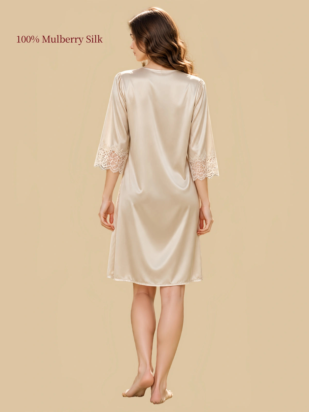 Silkgala 19 momme Tea Gold mulberry silk dress back view with relaxed A-line silhouette and lace cuffs