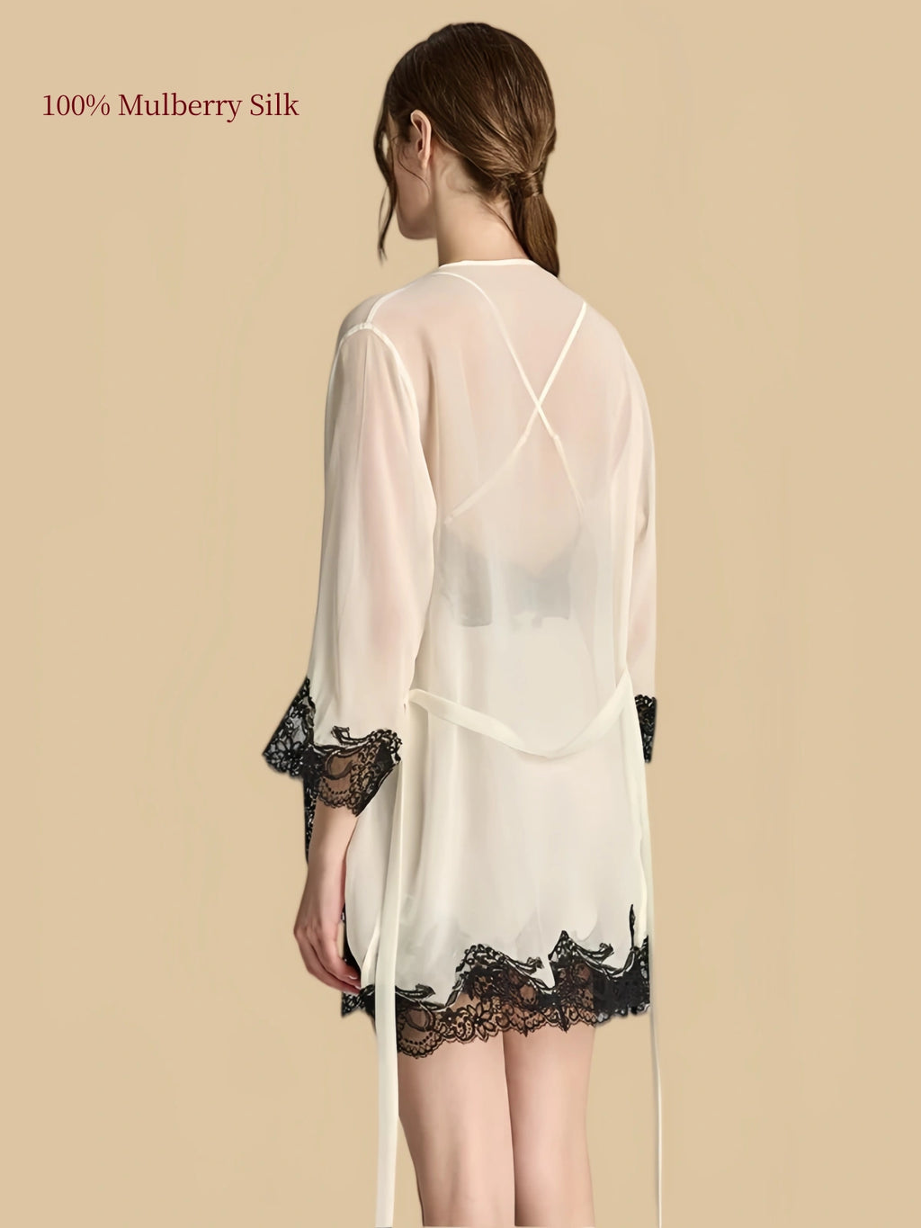 Back view of White semi-sheer robe with black lace cuffs and the crossed straps of the matching nightdress visible underneath.