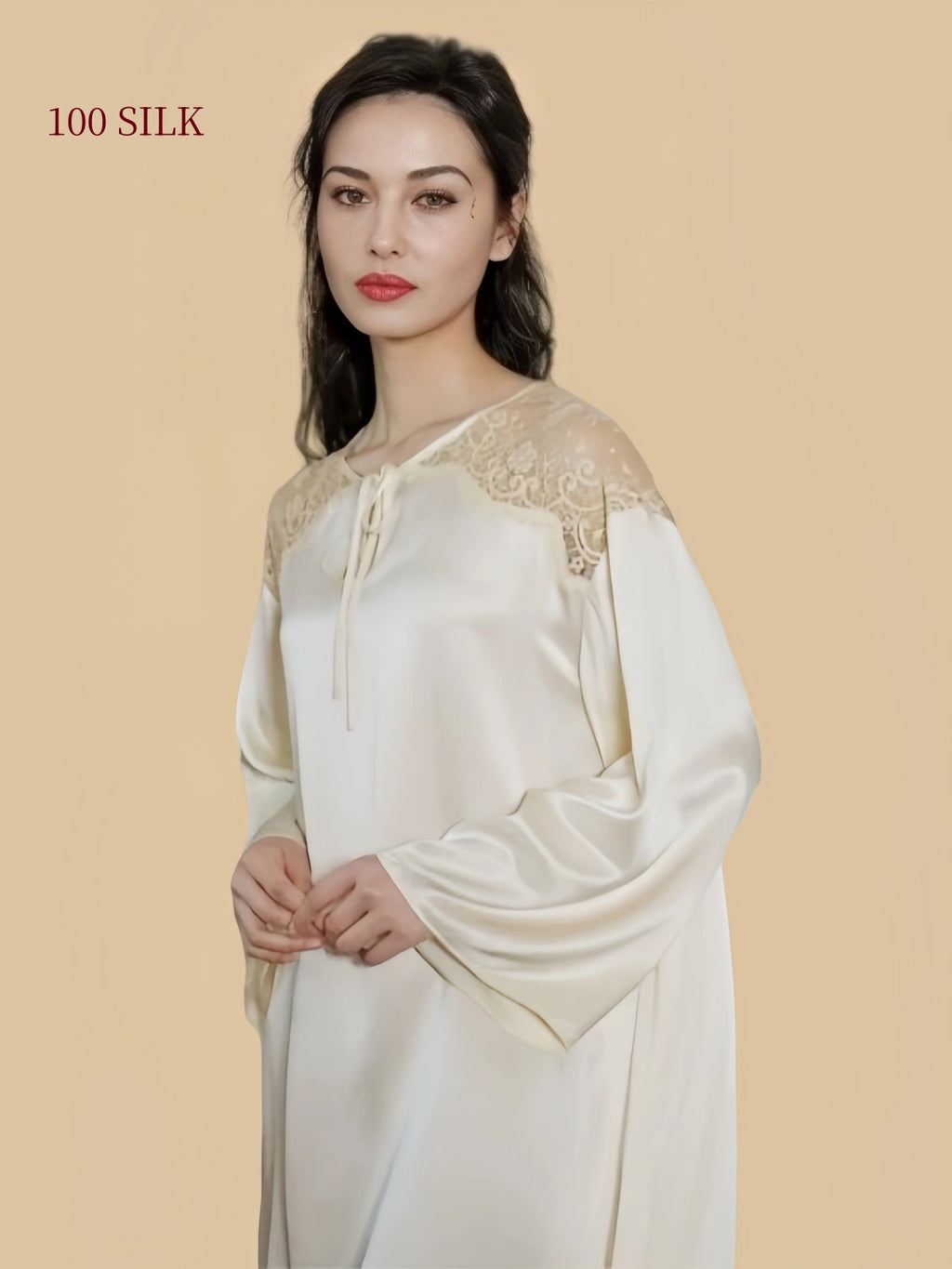 Close view of Pear Blossom White mulberry silk nightdress showing floral lace shoulders and tie neckline