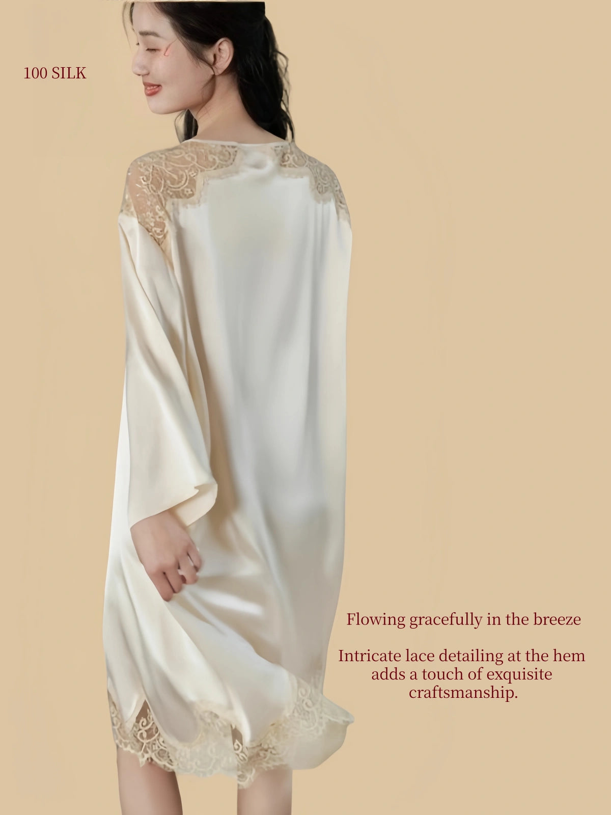 Back view of Pear Blossom White 22 momme mulberry silk nightdress with floral lace shoulders and lace-trimmed hem