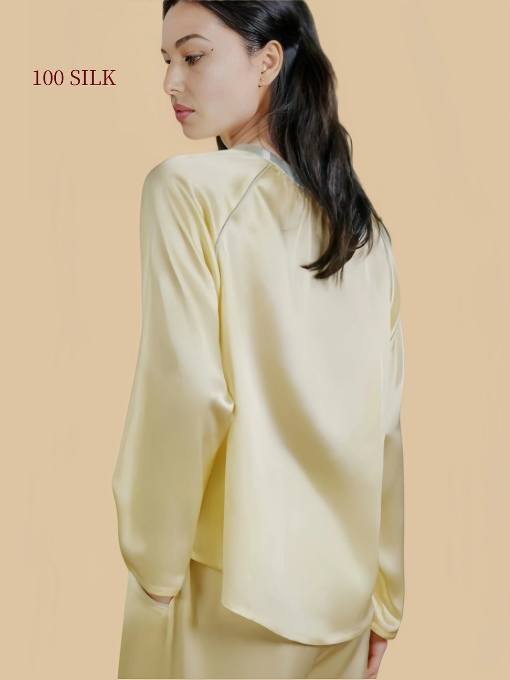 Back view of Silkgala 22 momme silk pajama set showing the relaxed raglan pullover silhouette