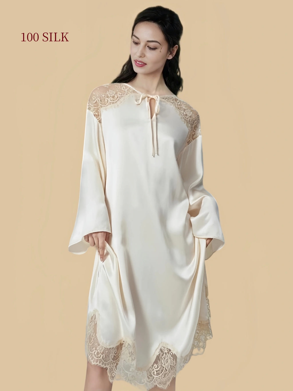 Pear Blossom White 22 momme silk nightdress with flowing long sleeves and scalloped floral lace hem