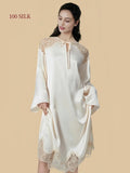 Pear Blossom White 22 momme silk nightdress with flowing long sleeves and scalloped floral lace hem