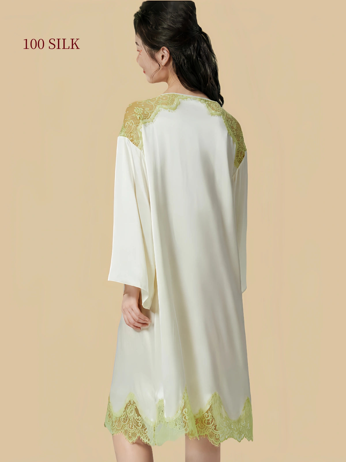 Back view of Soft Butter Yellow 22 momme silk nightdress with lace shoulder panels, long sleeves and floral lace hem