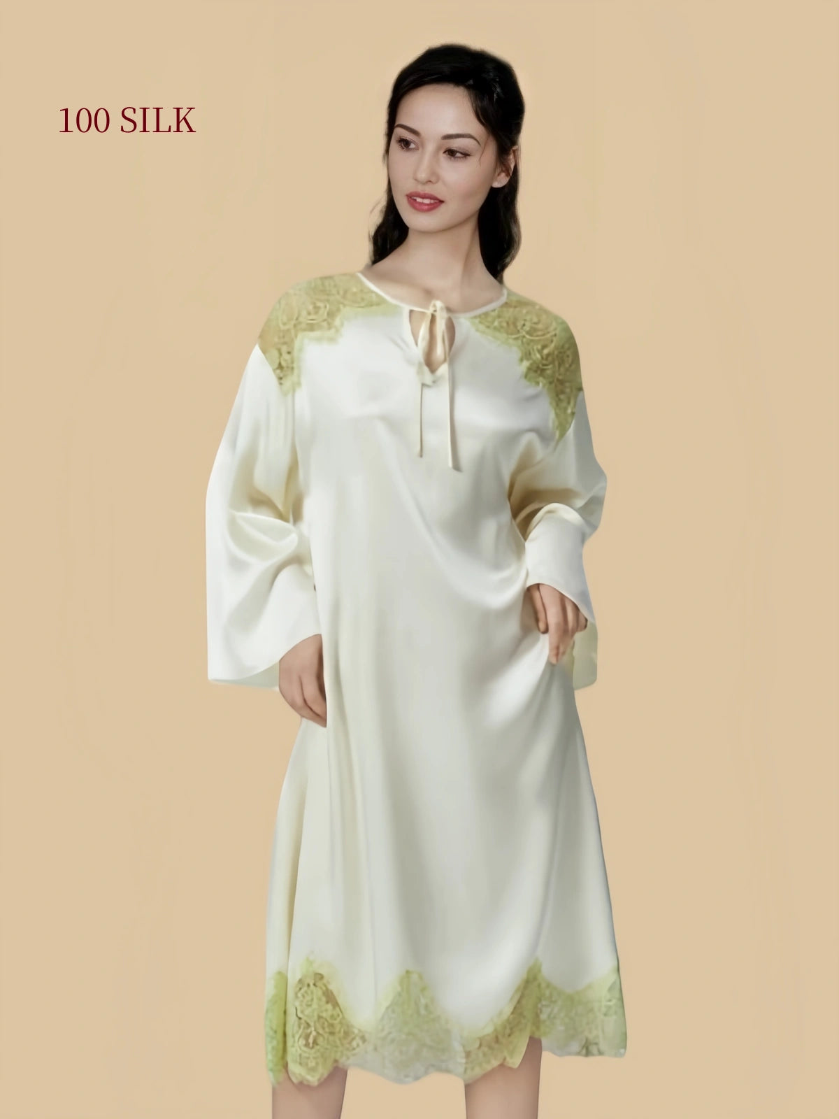 Woman wearing a Soft Butter Yellow 22 momme silk nightdress with tie neck and floral lace shoulder detailing