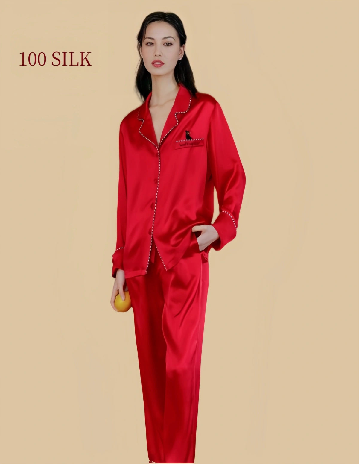Silkgala 22 momme mulberry silk pajama set in camellia red with contrast piping and cat embroidery full body view