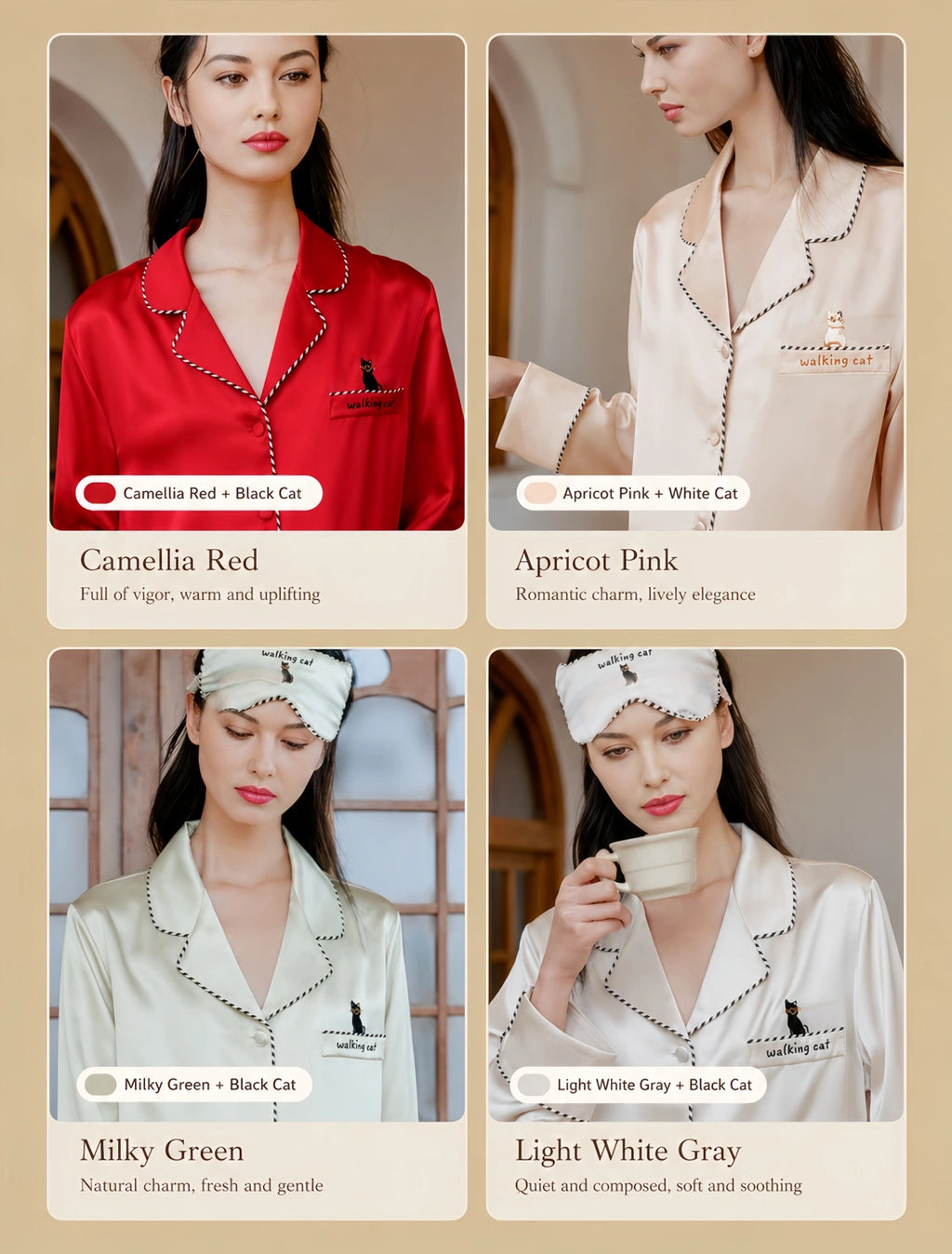 Silkgala 22 momme silk pajama set color options including camellia red apricot pink milky green and light white gray