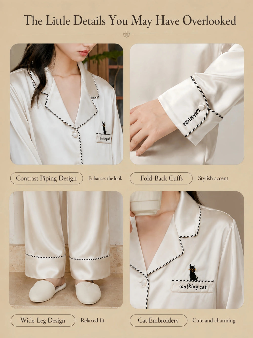Silkgala 22 momme silk pajama set design details featuring contrast piping fold-back cuffs wide leg pants and cat embroidery