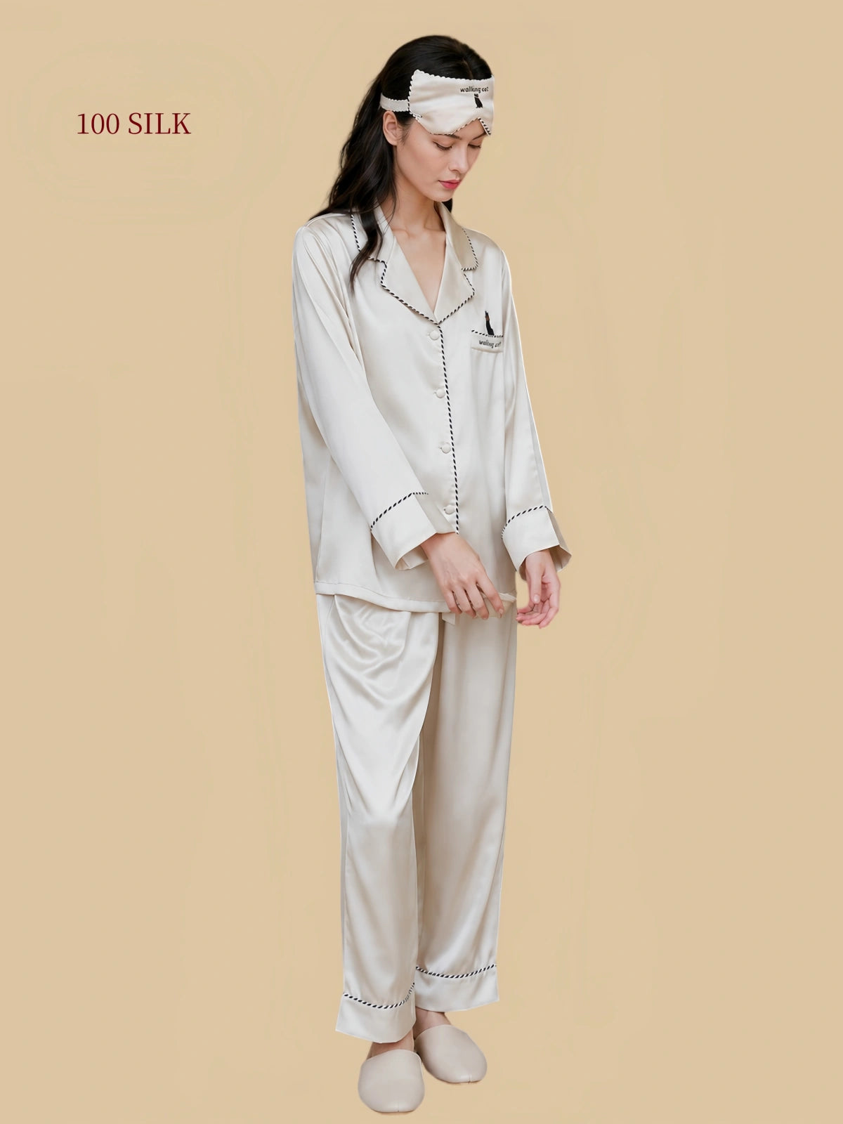Silkgala 22 momme mulberry silk pajama set in light white gray with contrast piping and relaxed wide-leg pants full body view