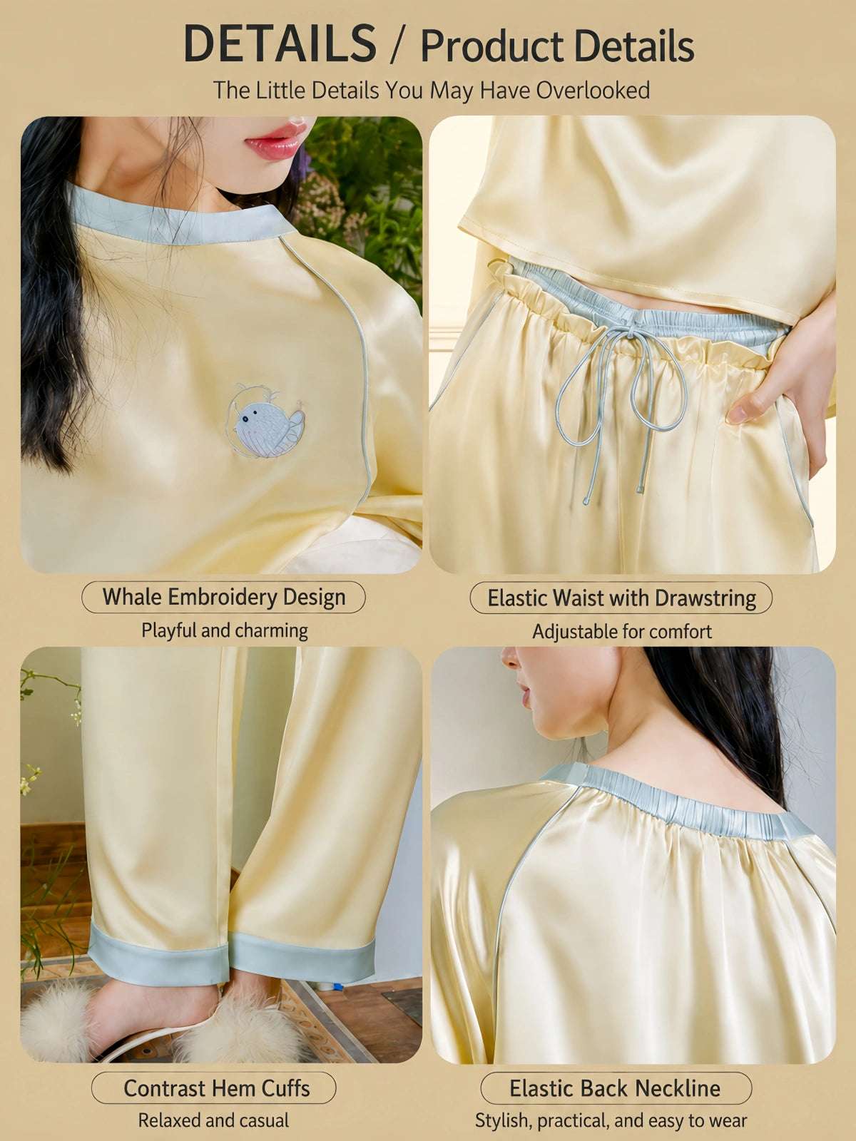 Silkgala 22 momme silk pajama set details including whale embroidery drawstring waist contrast cuffs and gathered neckline
