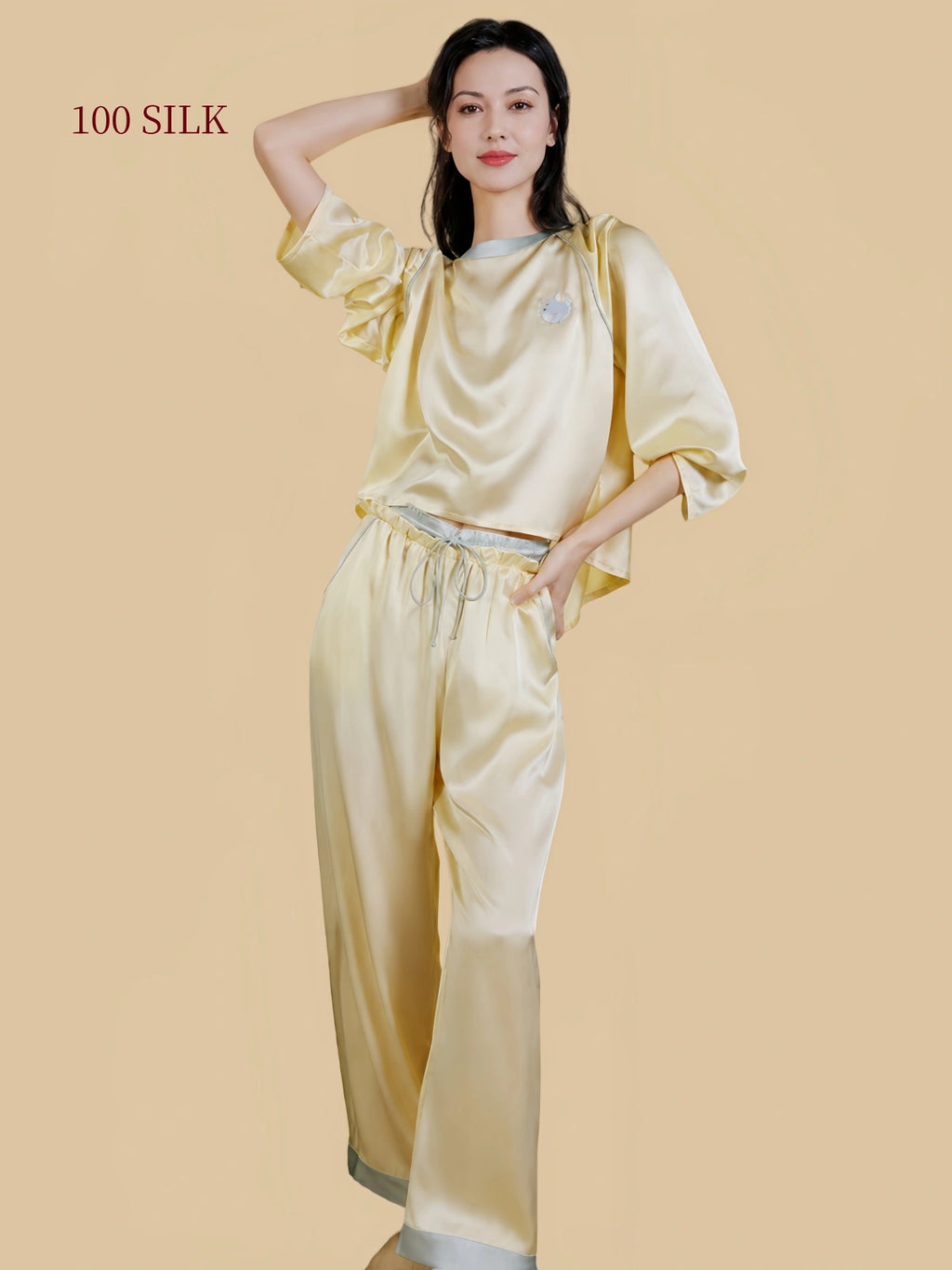 Silkgala 22 momme silk pajama set in champagne yellow with whale embroidery and contrast-trimmed wide-leg pants