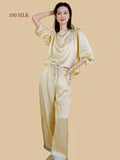 Silkgala 22 momme silk pajama set in champagne yellow with whale embroidery and contrast-trimmed wide-leg pants