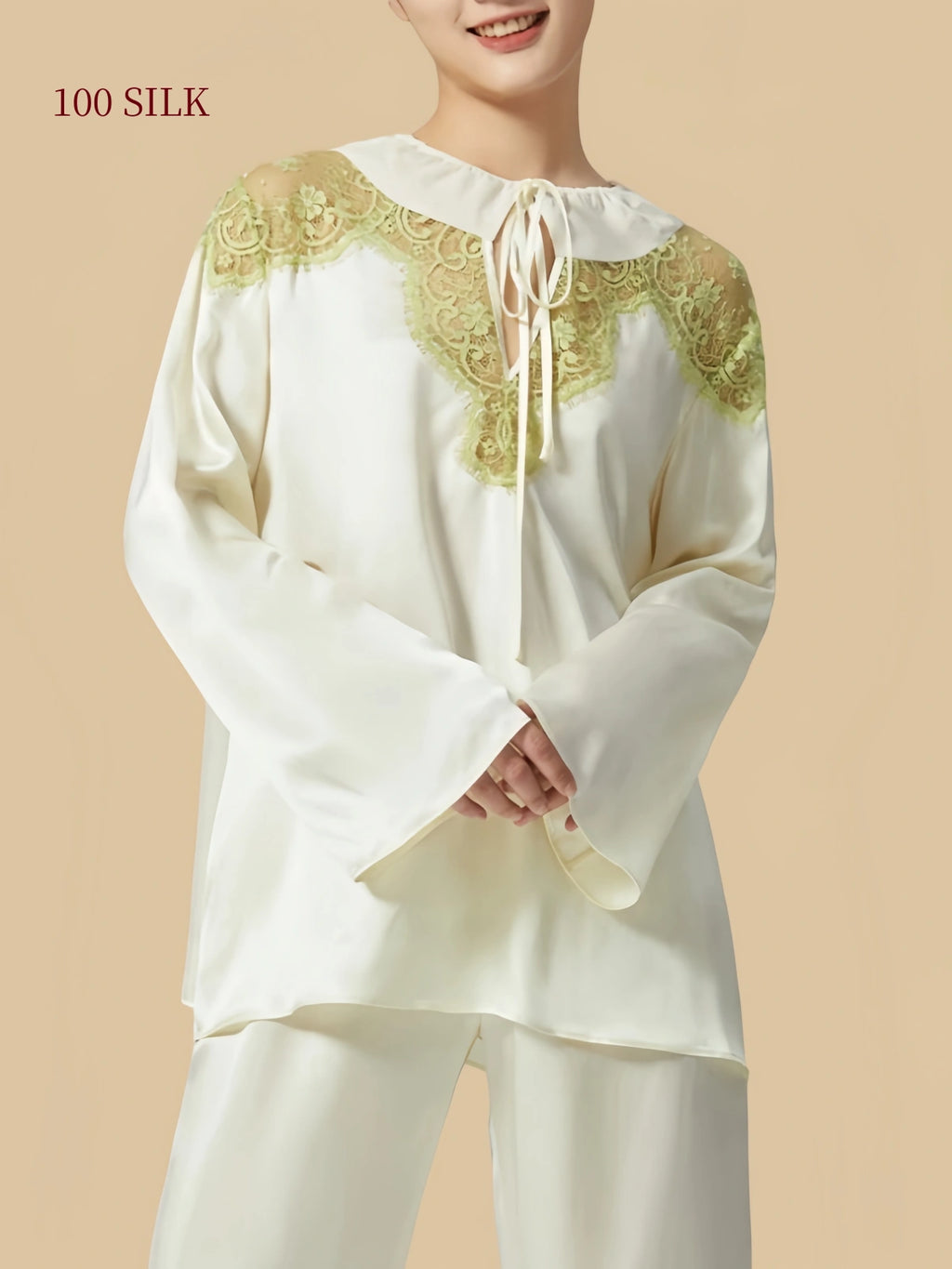 Silkgala Pear Blossom White lace silk pajama top
