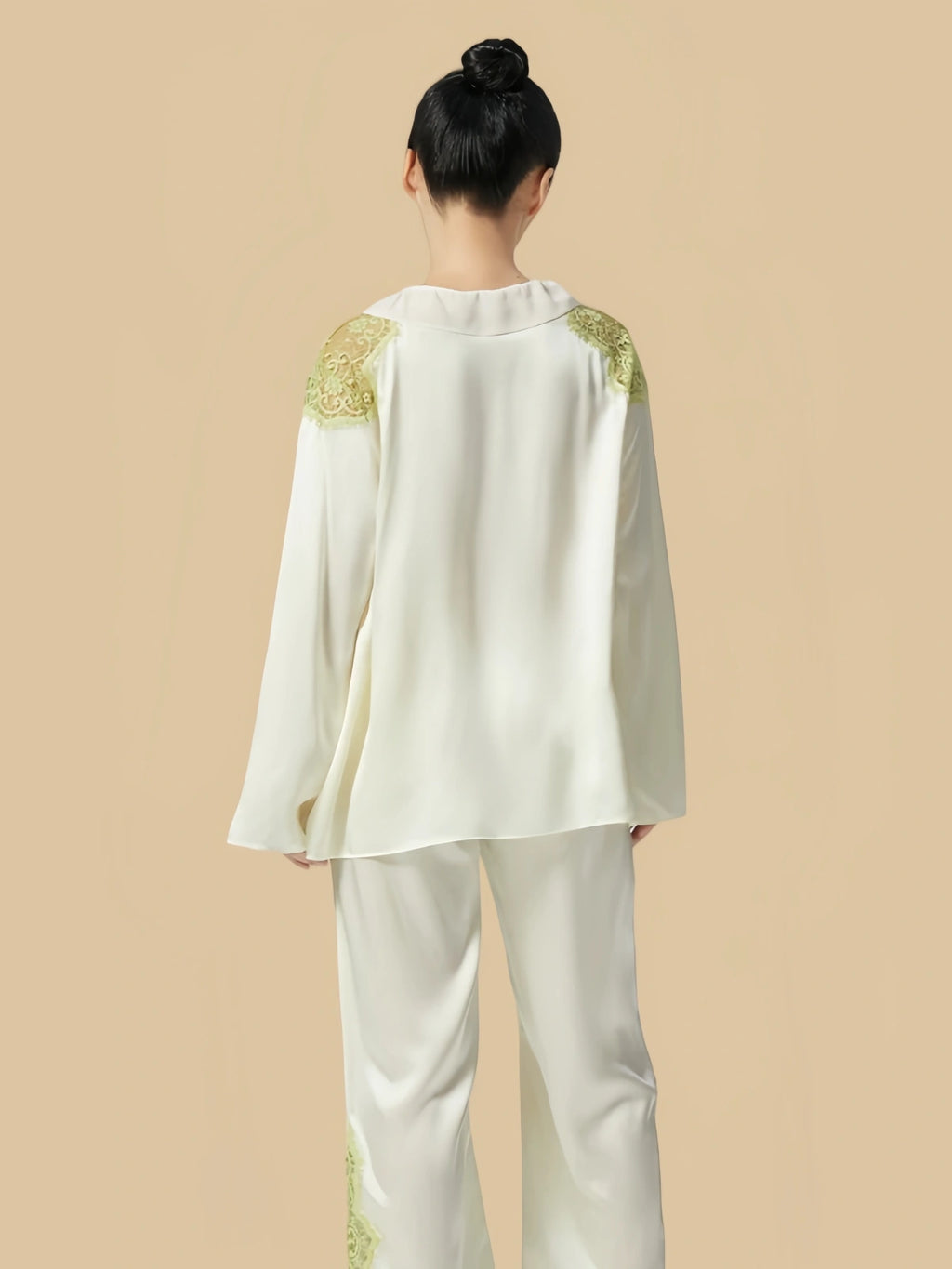 Silkgala Pear Blossom White lace silk pajamas back view
