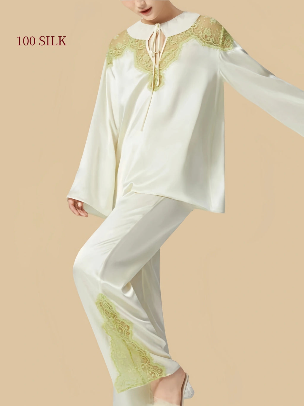 Silkgala Pear Blossom White silk pajamas with lace panels