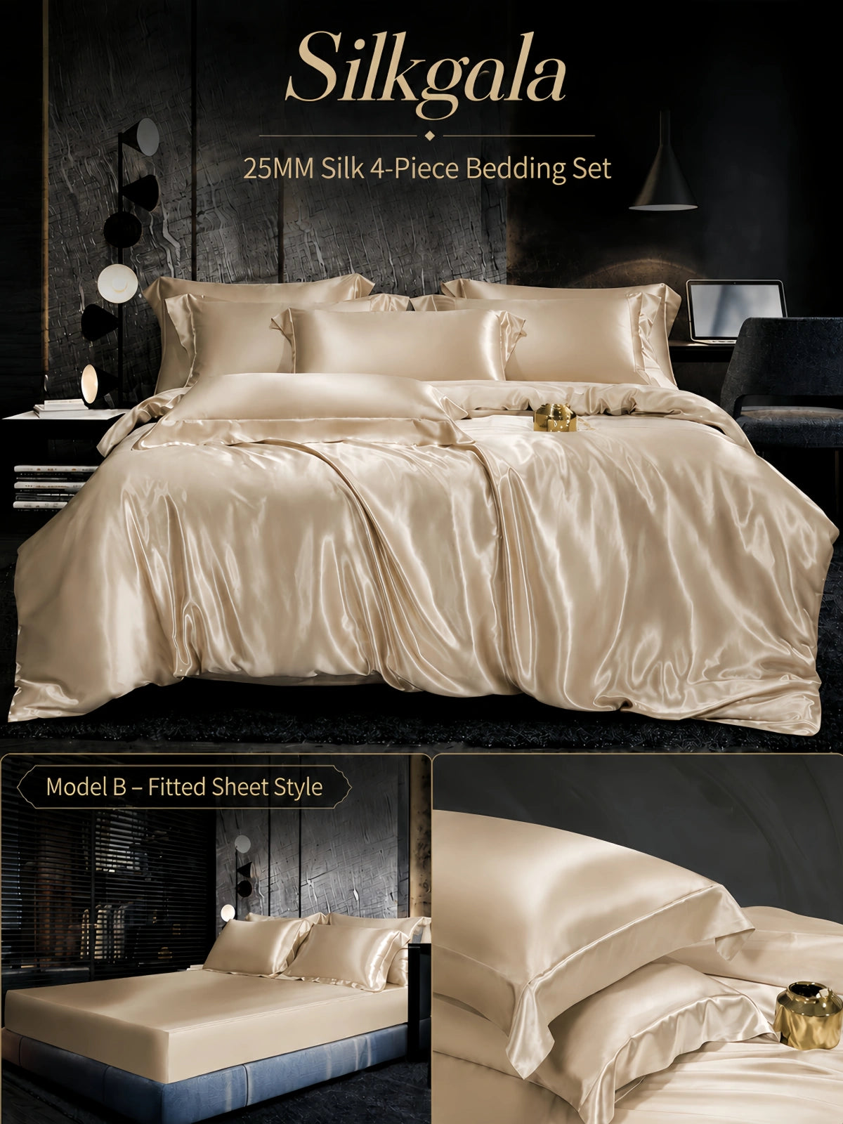 Silkgala 25 Momme silk 4-piece bedding set in Champagne Gold, Model A flat sheet style with silky duvet cover and pillowcases