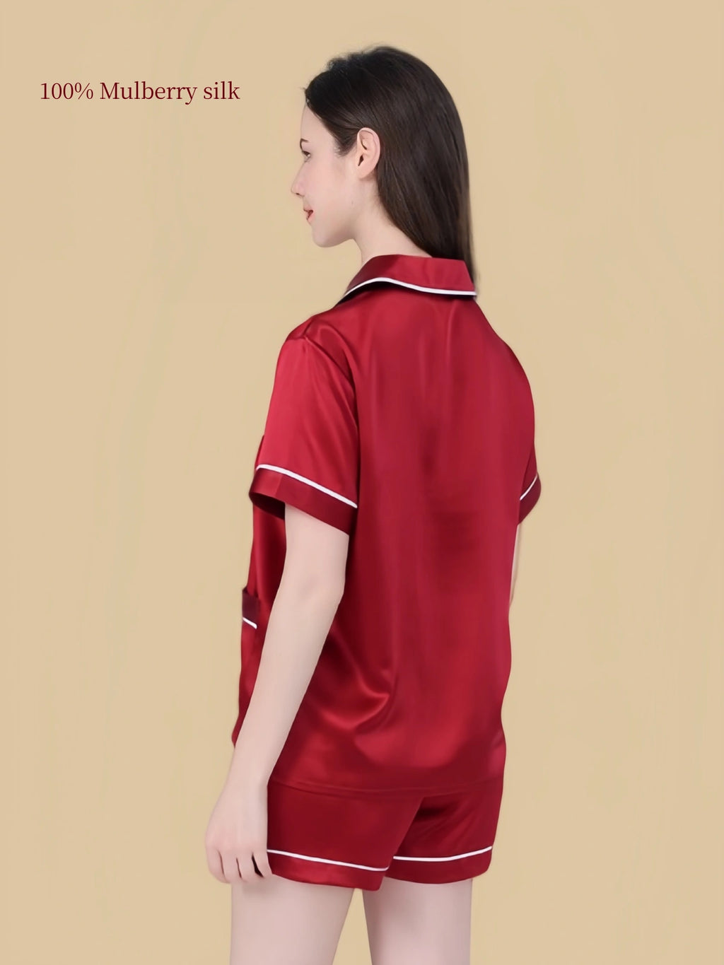 Back view of Silkgala 25 Momme silk lounge short set in Burgundy with contrast-trimmed collar, sleeves and shorts